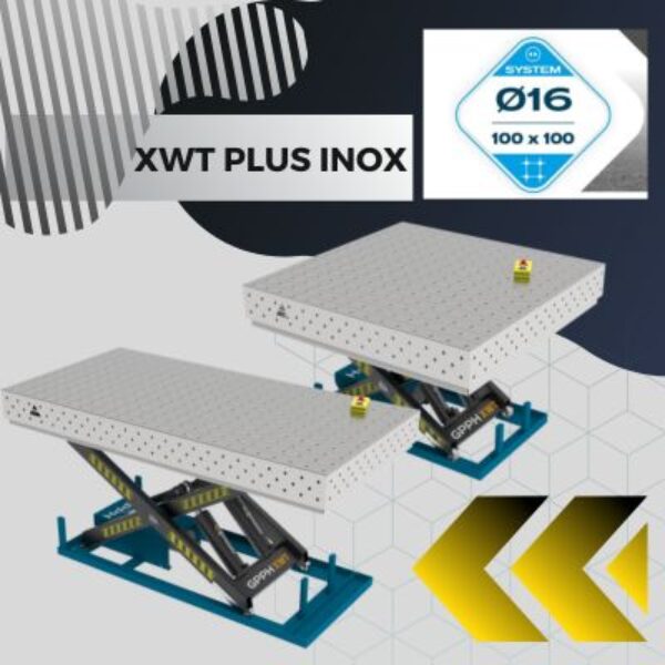 Stoly spawalnicze podnoszone XWT PLUS INOX Blat 12 mm systemem otworow fi 16 mm w siatce 100x100 Wolsen
