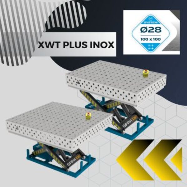 Stoly spawalnicze podnoszone XWT PLUS INOX Blat 12 mm systemem otworow fi 28 mm w siatce 100x100 Wolsen