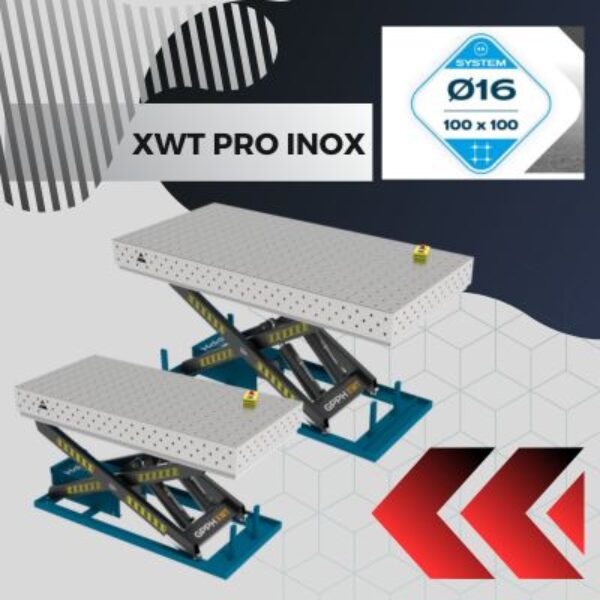 Stoly spawalnicze podnoszone XWT PRO INOX Blat 15 mm systemem otworow fi 16 mm w siatce 100x100 Wolsen
