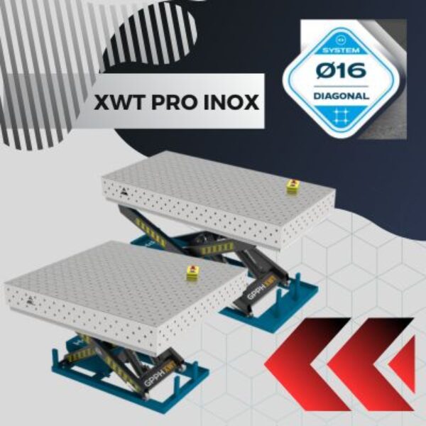 Stoly spawalnicze podnoszone XWT PRO INOX Blat 15 mm systemem otworow fi 16 mm w siatce diagonalnej Wolsen