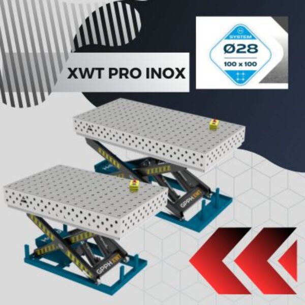 Stoly spawalnicze podnoszone XWT PRO INOX Blat 15 mm systemem otworow fi 28 mm w siatce 100x100 Wolsen
