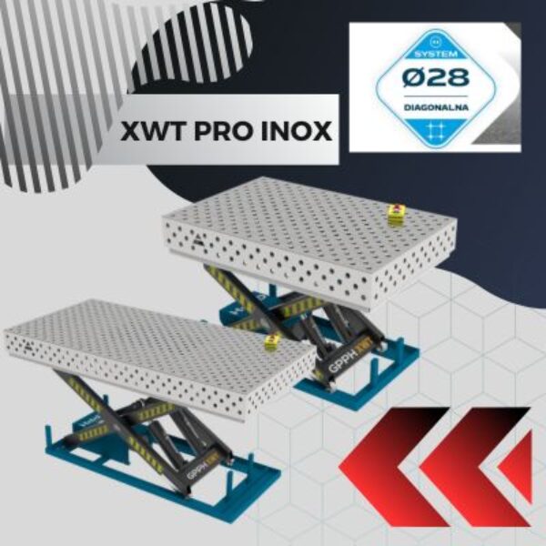 Stoly spawalnicze podnoszone XWT PRO INOX Blat 15 mm systemem otworow fi 28 mm w siatce diagonalnej Wolsen