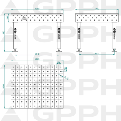 Stół Spawalniczy PLUS INOX 1200x1000 mm, blat 12mm, otwory fi16 mm, siatka 100x100 mm, na stopach - obrazek 4