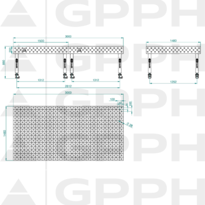 Stół Spawalniczy PLUS INOX 3000x1480 mm, blat 12mm, otwory fi28 mm, siatka diagonalna, na kołach - obrazek 4