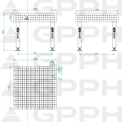 Stół Spawalniczy PLUS INOX 1000x1000 mm, blat 12mm, otwory fi16 mm, siatka 50x50 mm, na stopach - obrazek 4