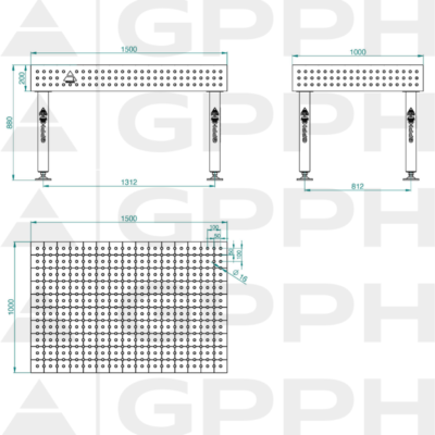 Stół Spawalniczy PLUS INOX 1500x1000 mm, blat 12mm, otwory fi16 mm, siatka 50x50 mm, na stopach - obrazek 4