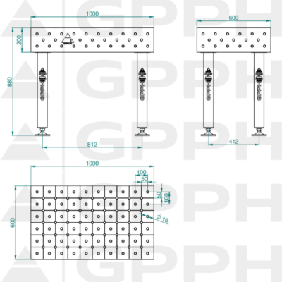 Stół Spawalniczy PLUS INOX 1000x600 mm, blat 12mm, otwory fi16 mm, siatka diagonalna, na stopach - obrazek 4