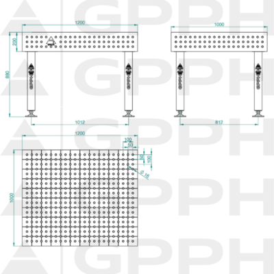Stół Spawalniczy PLUS INOX 1200x1000 mm, blat 12mm, otwory fi16 mm, siatka 50x50 mm, na stopach - obrazek 4