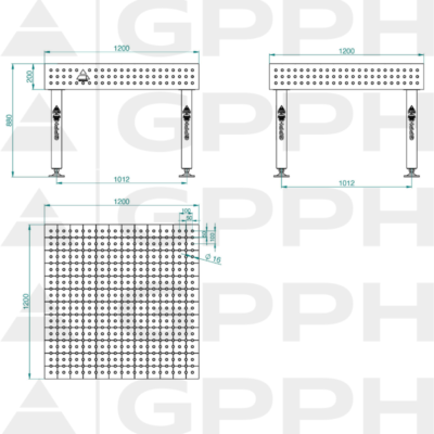Stół Spawalniczy PLUS INOX 1200x1200 mm, blat 12mm, otwory fi16 mm, siatka 50x50 mm, na stopach - obrazek 4