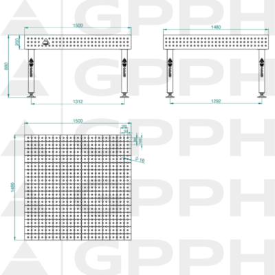 Stół Spawalniczy PLUS INOX 1500x1480 mm, blat 12mm, otwory fi16 mm, siatka 50x50 mm, na stopach - obrazek 4