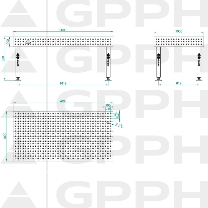 Stół Spawalniczy PLUS INOX 2000x1000 mm, blat 12mm, otwory fi16 mm, siatka 50x50 mm, na stopach - obrazek 4