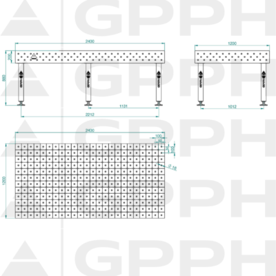 Stół Spawalniczy PLUS INOX 2400x1200 mm, blat 12mm, otwory fi16 mm, siatka diagonalna, na stopach - obrazek 4