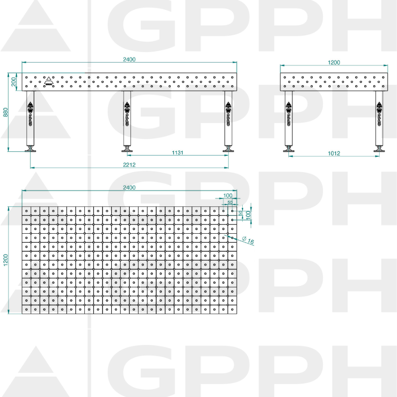 Stół Spawalniczy PLUS INOX 2400x1200 mm, blat 12mm, otwory fi16 mm, siatka diagonalna, na stopach - obrazek 4