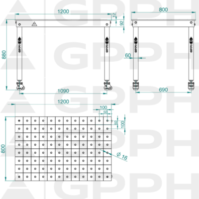 Stół Spawalniczo-montażowy BASIC 1200x800 mm, blat 12mm, otwory fi16 mm, siatka 100x100 mm, na kołach - obrazek 4