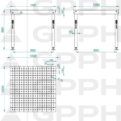Stół Spawalniczo-montażowy BASIC 1000x1000 mm, blat 12mm, otwory fi16 mm, siatka 50x50 mm, na stopach - obrazek 4