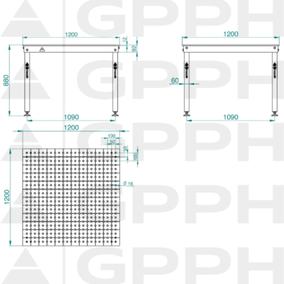 Stół Spawalniczo-montażowy BASIC 1200x1200 mm, blat 12mm, otwory fi16 mm, siatka 50x50 mm, na stopach - obrazek 4