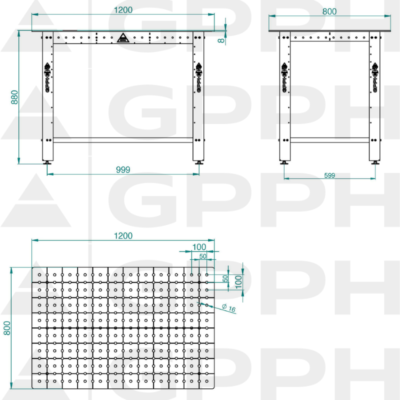 Stół Spawalniczo-montażowy DIY 1200x800 mm, blat 8 mm, otwory fi16 mm, siatka 50x50 mm - obrazek 3